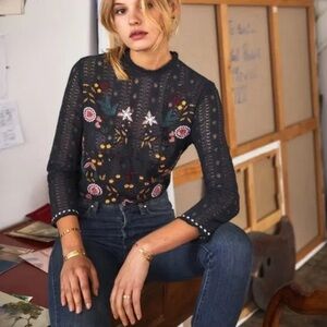 Sezane Garance Navy Blue Embroidered Top sz36